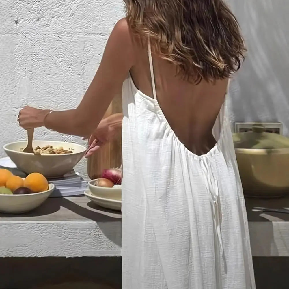 Women'S Strappy Lounge Dress Open Back Maxi Length with Relaxed Fit Comfortable Home Wear​ Vacation Long Sundress with Back Tie